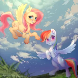 Size: 3000x3000 | Tagged: safe, artist:bubblepurity, derpibooru import, fluttershy, rainbow dash, pegasus, pony, blushing, cloud, flying, image, personality swap, png, ponyville, swap, switch, wings