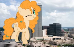 Size: 1726x1112 | Tagged: safe, artist:jhayarr23, derpibooru import, pear butter, earth pony, pony, female, giant pony, giant/macro earth pony, giantess, highrise ponies, image, irl, macro, mare, mega giant, oklahoma, oklahoma city, photo, png, ponies in real life