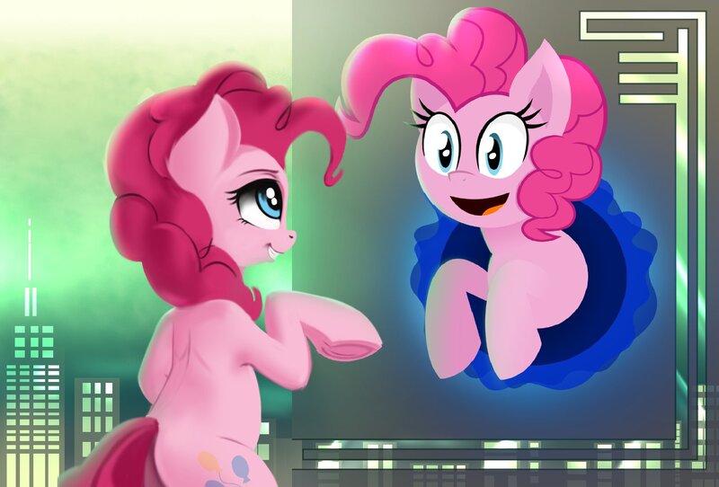 Size: 1593x1080 | Tagged: safe, artist:darksly, artist:isaac_pony, derpibooru import, pinkie pie, earth pony, pony, bipedal, collaboration, cute, diapinkes, duality, happy, image, jpeg, looking at each other, self ponidox, smiling, solo