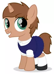 Size: 1598x2184 | Tagged: safe, artist:veeayydee, derpibooru import, oc, oc:heroic armour, unofficial characters only, pony, unicorn, clothes, colt, crossdressing, dress, foal, green eyes, horn, image, jpeg, male, school uniform, shadow, shirt, shoes, simple background, smiling, socks, solo, standing, unicorn oc, white background