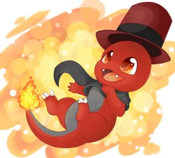 Size: 3118x2834 | Tagged: safe, artist:schokocream, derpibooru import, oc, oc:toonkriticy2k, charmander, abstract background, clothes, hat, image, male, open mouth, png, pokefied, pokémon, scarf, smiling, solo, species swap, top hat