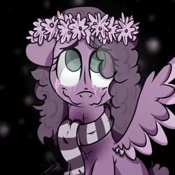 Size: 887x887 | Tagged: safe, artist:millefaller, derpibooru import, oc, unofficial characters only, pegasus, pony, clothes, colored wings, crying, eye clipping through hair, eyelashes, female, floral head wreath, flower, image, mare, pegasus oc, png, scarf, smiling, solo, two toned wings, wings