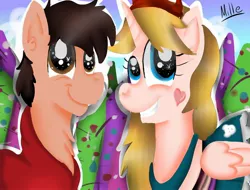 Size: 2048x1558 | Tagged: safe, artist:millefaller, derpibooru import, alicorn, earth pony, pony, alicornified, chest fluff, clothes, duo, female, grin, horn, image, jpeg, male, marco diaz, mare, outdoors, race swap, signature, smiling, stallion, star butterfly, star vs the forces of evil, wings