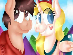 Size: 2048x1558 | Tagged: safe, artist:millefaller, derpibooru import, alicorn, earth pony, pony, alicornified, chest fluff, clothes, duo, eyelashes, female, grin, horn, image, jpeg, male, marco diaz, mare, outdoors, race swap, signature, smiling, stallion, star butterfly, star vs the forces of evil, wings