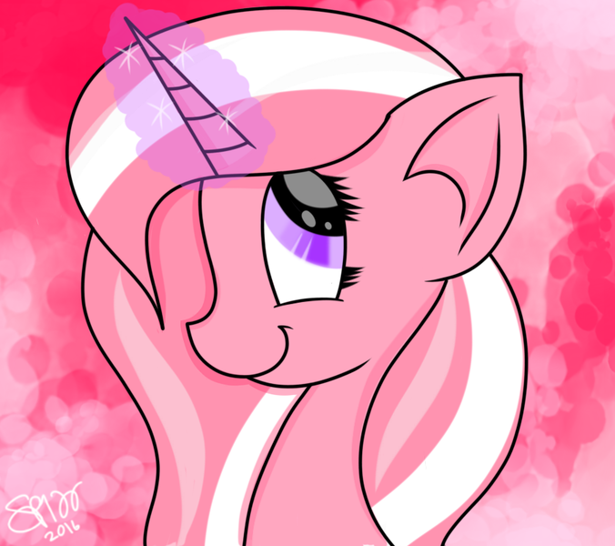 Size: 900x799 | Tagged: safe, artist:skypaw122, derpibooru import, oc, unofficial characters only, pony, unicorn, abstract background, bust, glow, glowing horn, horn, image, png, signature, smiling, solo, unicorn oc