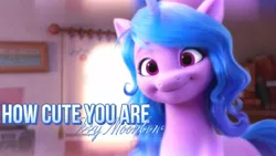 Size: 1280x720 | Tagged: safe, derpibooru import, izzy moonbow, pony, unicorn, caption, female, g5, horn, image, jpeg, mare, smiling, solo, text