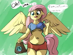 Size: 1165x884 | Tagged: suggestive, artist:cosmonaut, derpibooru import, fluttershy, anthro, pegasus, bag, belly, belly button, blushing, breasts, chubby, clothes, embarrassed, fast food, floppy ears, food, image, jpeg, shorts, solo, spread wings, talking to viewer, underboob, wings