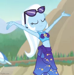 Size: 500x509 | Tagged: safe, derpibooru import, screencap, trixie, equestria girls, equestria girls series, forgotten friendship, beach, bikini, clothes, cropped, eyes closed, female, image, jpeg, sarong, solo, sunglasses, sunglasses on head, swimsuit