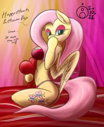 Size: 919x1122 | Tagged: suggestive, artist:sepiakeys, derpibooru import, fluttershy, anthro, arm hooves, blushing, bra, clothes, eyeshadow, female, heart, heart pillow, image, makeup, panties, pillow, png, solo, solo female, underwear