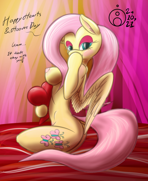 Size: 919x1122 | Tagged: questionable, alternate version, artist:sepiakeys, derpibooru import, fluttershy, anthro, blushing, breasts, busty fluttershy, eyeshadow, female, heart, heart pillow, image, makeup, nipples, nudity, pillow, png, solo, solo female