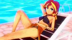 Size: 1920x1080 | Tagged: safe, artist:hornydogo, derpibooru import, sunset shimmer, equestria girls, 3d, bikini, clothes, female, image, jpeg, koikatsu, sarong, solo, swimming pool, swimsuit