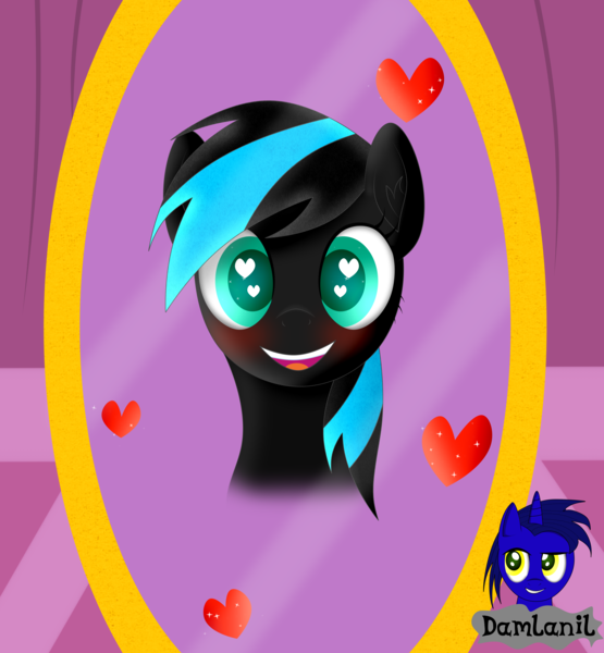 Size: 3840x4154 | Tagged: safe, artist:damlanil, derpibooru import, oc, oc:nightlight aura, pegasus, pony, blushing, carousel boutique, commission, cute, happy, heart, heart eyes, image, looking at you, mirror, open mouth, png, simple background, smiling, solo, vector, wingding eyes
