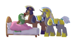 Size: 1280x640 | Tagged: safe, artist:itstechtock, derpibooru import, oc, unofficial characters only, kirin, pony, unicorn, armor, beard, bed, blanket, facial hair, hoof shoes, horn, image, looking at someone, male, pillow, png, short tail, simple background, stallion, tail, transparent background, trio, unicorn oc