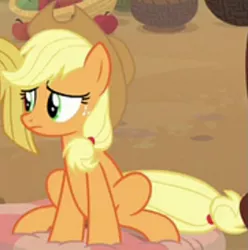 Size: 543x548 | Tagged: safe, derpibooru import, applejack, earth pony, pony, a rockhoof and a hard place, season 8, spoiler:s08, cowboy hat, cropped, female, hat, image, mare, png, sitting, stetson