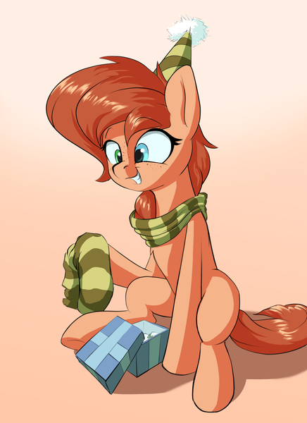 Size: 1600x2200 | Tagged: safe, artist:rocket-lawnchair, derpibooru import, oc, oc:rusty gears, unofficial characters only, earth pony, pony, birthday, clothes, female, freckles, gradient background, hat, heterochromia, image, mare, party hat, png, present, scarf, sitting, smiling, socks, solo, striped socks