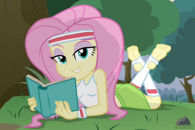 Size: 3000x2000 | Tagged: suggestive, alternate version, artist:shieldheroyuuta, derpibooru import, edit, fluttershy, equestria girls, barefoot, bedroom eyes, book, clothes, feet, female, image, looking at you, lying down, png, prone, shorts, show accurate, soles, solo, sports bra, sweat, the pose, workout