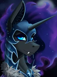 Size: 2000x2692 | Tagged: safe, artist:twotail813, derpibooru import, edit, nightmare moon, alicorn, armor, bust, eyeshadow, fangs, female, horn, image, looking at you, makeup, png, portrait, solo