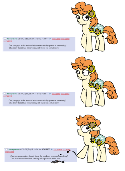 Size: 959x1316 | Tagged: safe, artist:anonymous, ponerpics import, oc, oc:thursday, unofficial characters only, earth pony, pony, /mlp/, 4chan, bully, bullying, drawthread, female, flower, flower in hair, image, mare, png, requested art, simple background, solo, weekday ponies, white background