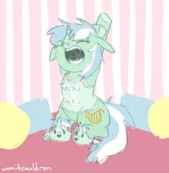 Size: 482x493 | Tagged: safe, artist:tilling-tan, ponerpics import, lyra heartstrings, pony, unicorn, clothes, drawthread, eyes closed, female, horn, image, mare, open mouth, pajamas, pillow, png, shirt, slippers, solo, stretching, waifu, yawn