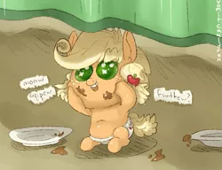 Size: 629x484 | Tagged: safe, artist:tilling-tan, ponerpics import, applejack, earth pony, pony, apple family reunion, apple, baby, baby pony, baby talk, babyjack, dialogue, diaper, foal, food, freckles, hairpin, image, pigtails, plate, png, younger