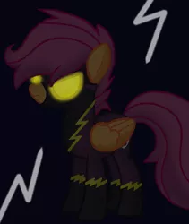 Size: 524x621 | Tagged: safe, artist:taeko, derpibooru import, scootaloo, pegasus, pony, angry, big tail, black outlines, clothes, costume, dark blue background, evil, evil scootaloo, eviloo, fanfic art, female, frown, glow, glowing eyes, goggles, image, lightning, mare, no visible floor, older, older scootaloo, orange body, orange outline, png, purple mane, purple outline, purple tail, scootaloo can fly, shading, shadowbolt scootaloo, shadowbolts, shadowbolts costume, shadowloo, show accurate, simple background, solo, solo female, spikey mane, tail, what if