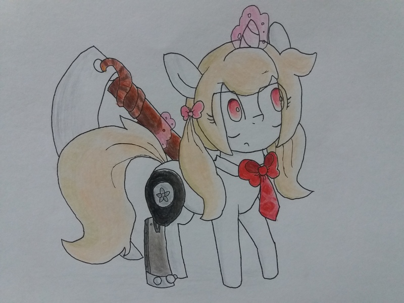 Size: 4128x3096 | Tagged: safe, artist:cherro, derpibooru import, oc, oc:cherry blossom, unofficial characters only, pony, unicorn, amputee, bowtie, image, jpeg, magic, scythe, solo, telekinesis, traditional art