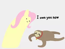 Size: 2048x1536 | Tagged: safe, artist:2merr, ponerpics import, fluttershy, sloth, :), blob ponies, collar, dialogue, dot eyes, drawn on phone, female, gray background, image, png, simple background, smiley face, smiling