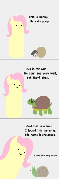Size: 680x2040 | Tagged: safe, artist:2merr, ponerpics import, fluttershy, beetle, insect, snail, tortoise, :), 3 panel comic, animal, blob ponies, comic, dialogue, dot eyes, drawn on phone, drawthread, dung beetle, eyepatch, female, gray background, image, png, simple background, smiley face, smiling, talking to viewer