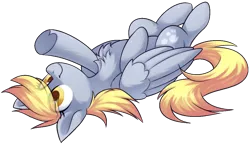 Size: 1018x588 | Tagged: safe, derpibooru import, derpy hooves, pegasus, pony, chest fluff, cute, derpabetes, eye clipping through hair, female, folded wings, image, lying down, mare, on back, png, simple background, smiling, solo, transparent background, underhoof, wings