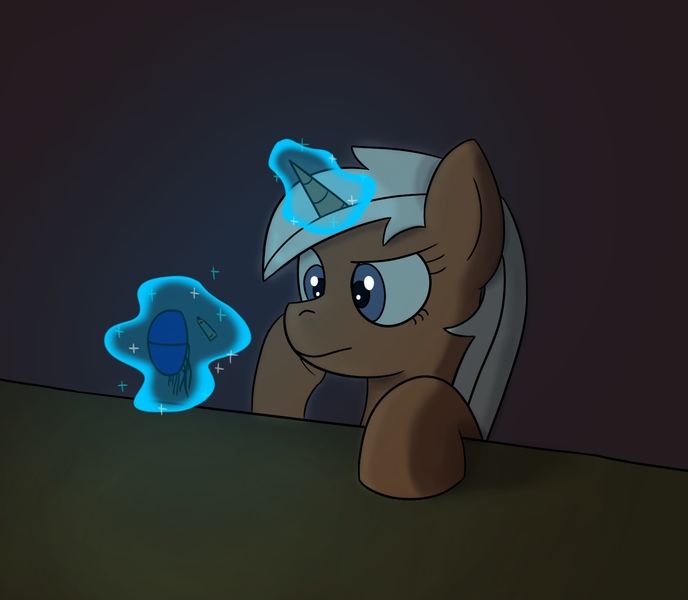 Size: 1597x1392 | Tagged: safe, artist:librarylonging, derpibooru import, silver spanner, pony, unicorn, earbuds, image, magic, magic aura, png, solo, table