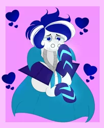 Size: 1669x2048 | Tagged: safe, artist:mikkybun, derpibooru import, lovestruck, oc, oc:ivislor, cyborg, cyborg pony, pony, blue hair, bust, cape, clothes, commission, heart eyes, image, male, png, superhero, wingding eyes