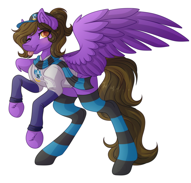 Size: 3580x3436 | Tagged: safe, artist:amazing-artsong, derpibooru import, oc, oc:hannah rainboom, pegasus, pony, clothes, female, high res, image, mare, one eye closed, png, scarf, simple background, socks, solo, striped socks, tongue out, transparent background, wink