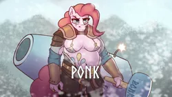 Size: 2000x1125 | Tagged: safe, artist:cocaine, derpibooru import, pinkie pie, anthro, pony, armor, balloon, image, looking at you, parody, party cannon, png, thick, thor