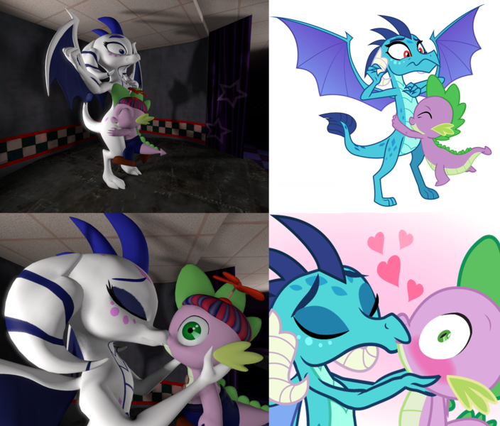 Size: 2534x2160 | Tagged: safe, artist:dm29, artist:frownfactory, artist:ponygamersfm, derpibooru import, edit, princess ember, spike, dragon, robot, five nights at aj's, triple threat, 3d, animatronic, balloon boy, balloon dragon spike, balloon spike, ballora, ballora ember, blue eyes, blushing, colored wings, comparison, dragoness, emberspike, eyes closed, female, filly location, five nights at aj's 2, five nights at freddy's, five nights at pinkie's, floating heart, fnaf 2, friendship, heart, holding, hug, image, kissing, looking at each other, male, multicolored wings, png, :s, shipping, simple background, sister location, smiling, smooch, source filmmaker, spike boy, straight, surprise kiss, transparent background, uncomfortable, vector, wavy mouth, wings