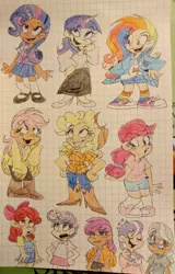 Size: 2666x4160 | Tagged: safe, artist:mirabuncupcakes15, derpibooru import, apple bloom, applejack, diamond tiara, fluttershy, pinkie pie, rainbow dash, rarity, scootaloo, silver spoon, sweetie belle, twilight sparkle, human, alternate hairstyle, applejack's hat, boots, clothes, converse, cowboy boots, cowboy hat, cutie mark crusaders, dark skin, eyeshadow, female, flats, freckles, grin, hat, high heels, hoodie, horn, horned humanization, humanized, image, jacket, jeans, jpeg, makeup, mane six, mane swap, open mouth, pants, rainbow socks, shirt, shoes, shorts, skirt, smiling, socks, striped socks, t-shirt, vest, winged humanization, wings