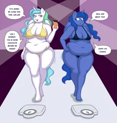 Size: 2000x2100 | Tagged: suggestive, artist:lordstormcaller, derpibooru import, princess celestia, princess luna, alicorn, anthro, unguligrade anthro, bbw, belly, belly button, big belly, big breasts, bikini, breasts, chocolate, chubby, chubbylestia, clothes, dialogue, duo, duo female, expansion, fat, female, females only, fetish, food, image, jpeg, looking at each other, muffin top, overweight, princess moonpig, royal sisters, scales, siblings, sisters, swimsuit, teasing, thicc ass, thighs, weight gain, wide hips, word balloon