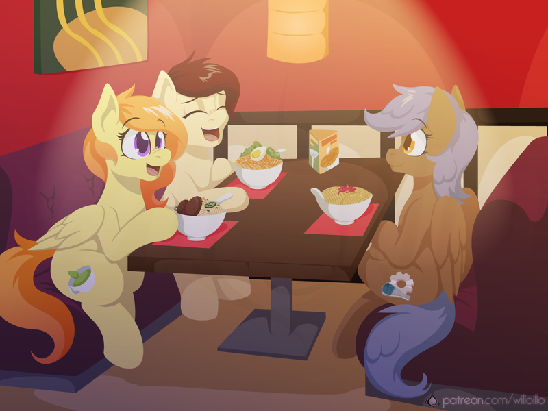 Size: 1600x1200 | Tagged: safe, artist:willoillo, derpibooru import, oc, oc:fine roast, oc:refined aura, oc:sweet leaf, unofficial characters only, earth pony, pegasus, pony, commission, fanfic art, food, image, noodles, png