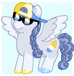 Size: 800x820 | Tagged: safe, artist:sw4g-numer4ls, derpibooru import, ponified, pegasus, pony, backwards ballcap, baseball cap, battle for dream island, bfb, bfdi, blue background, braid, cap, crossover, hat, image, nine (bfb), png, simple background, skateboard, solo, spread wings, sunglasses, wings, xfohv