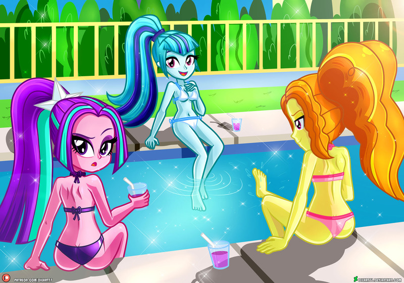 Size: 2000x1400 | Tagged: safe, artist:dieart77, derpibooru import, adagio dazzle, aria blaze, sonata dusk, equestria girls, ass, barefoot, belly button, bikini, butt, clothes, drinking straw, feet, female, glass, image, jpeg, juice, open mouth, swimming pool, swimsuit, the dazzlings, trio