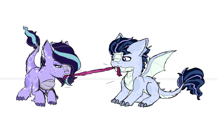 Size: 712x379 | Tagged: safe, artist:alawdulac, derpibooru import, oc, oc:frost, oc:jade amethyst, dracony, hybrid, brother and sister, female, foal, image, interspecies offspring, male, offspring, parent:rarity, parent:spike, parents:sparity, png, siblings, simple background, tug of war, white background