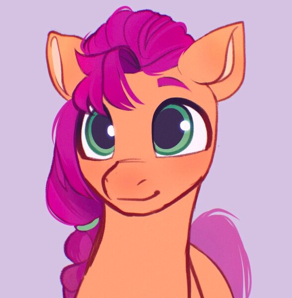Size: 1018x1038 | Tagged: safe, artist:draw3, derpibooru import, sunny starscout, earth pony, pony, bust, cute, female, g5, image, jpeg, mare, portrait, purple background, simple background, solo, sunnybetes