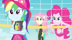 Size: 3410x1920 | Tagged: safe, derpibooru import, screencap, fluttershy, pinkie pie, rainbow dash, equestria girls, equestria girls series, forgotten friendship, cap, clothes, crossed arms, female, geode of fauna, geode of sugar bombs, geode of super speed, hairpin, hat, high res, image, jewelry, jpeg, magical geodes, midriff, necklace, one-piece swimsuit, pinkie pie swimsuit, swimsuit, volleyball net