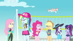 Size: 3410x1920 | Tagged: safe, derpibooru import, screencap, applejack, fluttershy, pinkie pie, rainbow dash, rarity, sci-twi, twilight sparkle, equestria girls, equestria girls series, forgotten friendship, applejack's hat, clothes, cowboy hat, crossed arms, drone, female, geode of fauna, geode of shielding, geode of super speed, geode of super strength, geode of telekinesis, glasses, hairpin, hand on hip, hat, high res, humane five, humane six, image, jewelry, jpeg, magical geodes, necklace, one-piece swimsuit, open mouth, pinkie pie swimsuit, ponytail, swimsuit, volleyball net