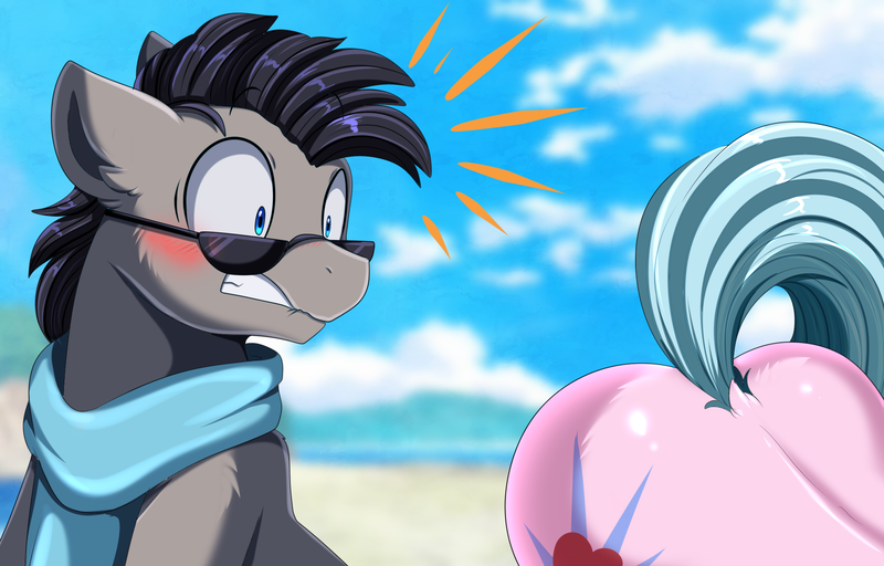 Size: 2250x1440 | Tagged: suggestive, artist:pridark, derpibooru import, oc, oc:dazzling starlight, oc:sparks, unofficial characters only, pony, beach, blushing, butt, clothes, dat butt, face down ass up, female, image, lip bite, male, mare, meme, oc x oc, plot, png, scarf, shipping, stallion, straight, sunglasses