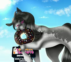 Size: 4096x3559 | Tagged: safe, artist:inisealga, derpibooru import, oc, oc:oretha, unofficial characters only, earth pony, pony, cloud, coat markings, commission, donut, dunkin donuts, earth pony oc, facial markings, female, food, giant pony, image, jpeg, macro, mare, markings, sign, sky, solo, sun