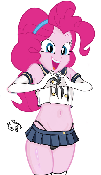 Size: 1080x1874 | Tagged: suggestive, artist:flutteryaylove, derpibooru import, part of a set, pinkie pie, equestria girls, belly button, clothes, image, looking at you, miniskirt, panties, png, sexy, simple background, skirt, smiling, underwear, white background