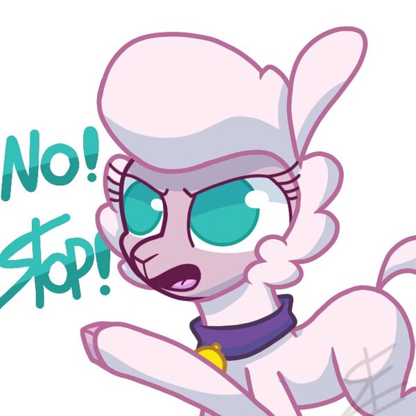 Size: 720x720 | Tagged: safe, artist:berrysoda10, derpibooru import, sheep, them's fightin' herds, collar, community related, female, image, jpeg, lamb, no, open mouth, pointing, pom is not amused, pom (tfh), raised hoof, reaction image, signature, simple background, solo, stop, unamused, white background