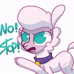 Size: 720x720 | Tagged: safe, artist:berrysoda10, derpibooru import, sheep, them's fightin' herds, collar, community related, female, image, jpeg, lamb, no, open mouth, pointing, pom is not amused, pom (tfh), raised hoof, reaction image, signature, simple background, solo, stop, unamused, white background