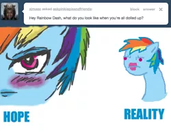 Size: 639x500 | Tagged: safe, artist:askpinkiepieandfriends, derpibooru import, rainbow dash, pegasus, pony, ask, blushing, close-up, expectation vs reality, extreme close up, female, image, lipstick, mare, png, rainbow dash is not amused, simple background, solo, tumblr, unamused, white background