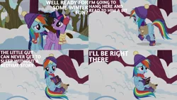 Size: 1280x720 | Tagged: safe, derpibooru import, edit, edited screencap, editor:quoterific, screencap, rainbow dash, twilight sparkle, twilight sparkle (alicorn), alicorn, pegasus, pony, season 5, tanks for the memories, bag, female, image, jpeg, mare, open mouth, saddle bag, snow, tree